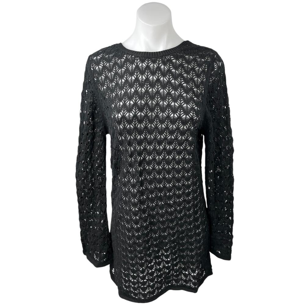 Miss Selfridge Black Crochet Open Back Long Sleeve Beach Cover Up Dress Sz 12-14